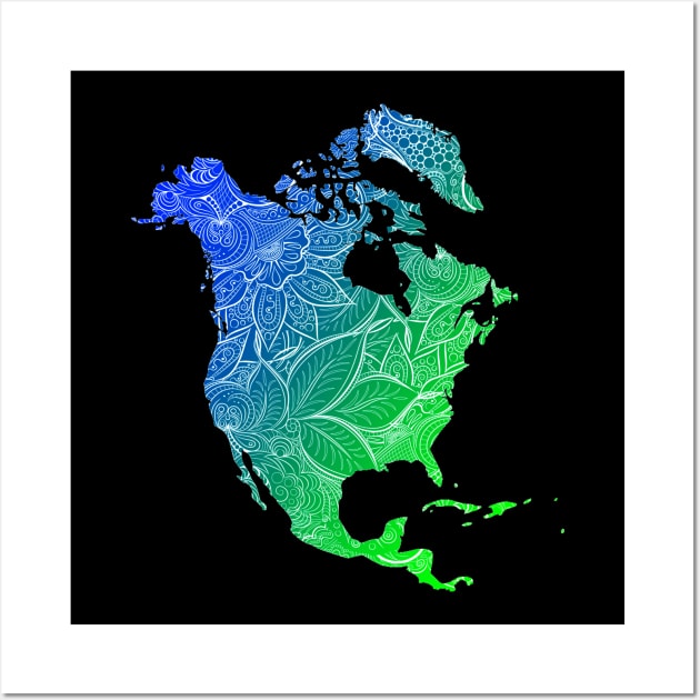 Colorful mandala art map of North America with text in blue and green Wall Art by Happy Citizen